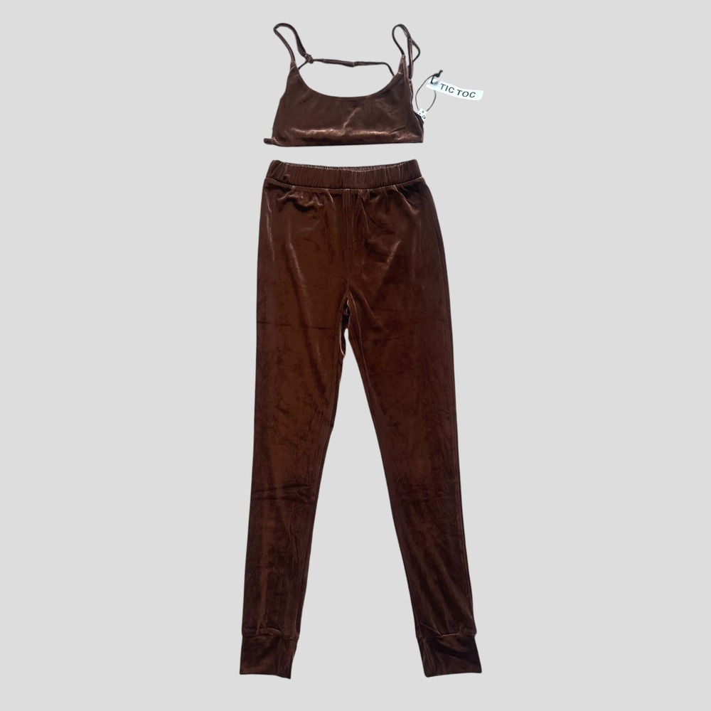 Tic Toc Brown Velvet 2-Piece Lounge Set Crop Top Leggings Small NWT earthy